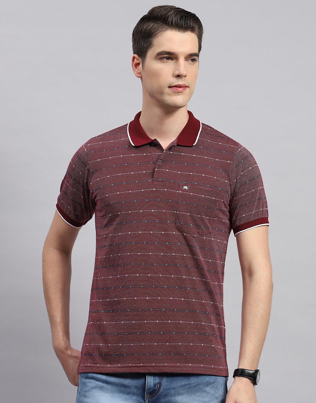 Men Maroon Stripe Collar Neck Half Sleeve T-Shirt