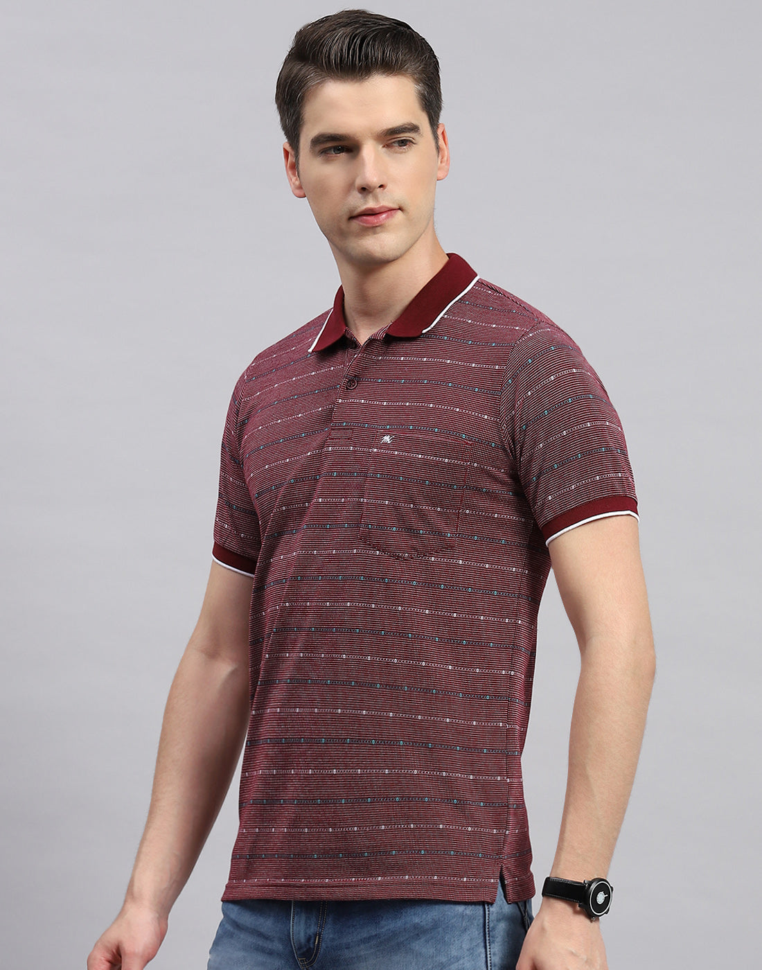 Men Maroon Stripe Collar Neck Half Sleeve T-Shirt