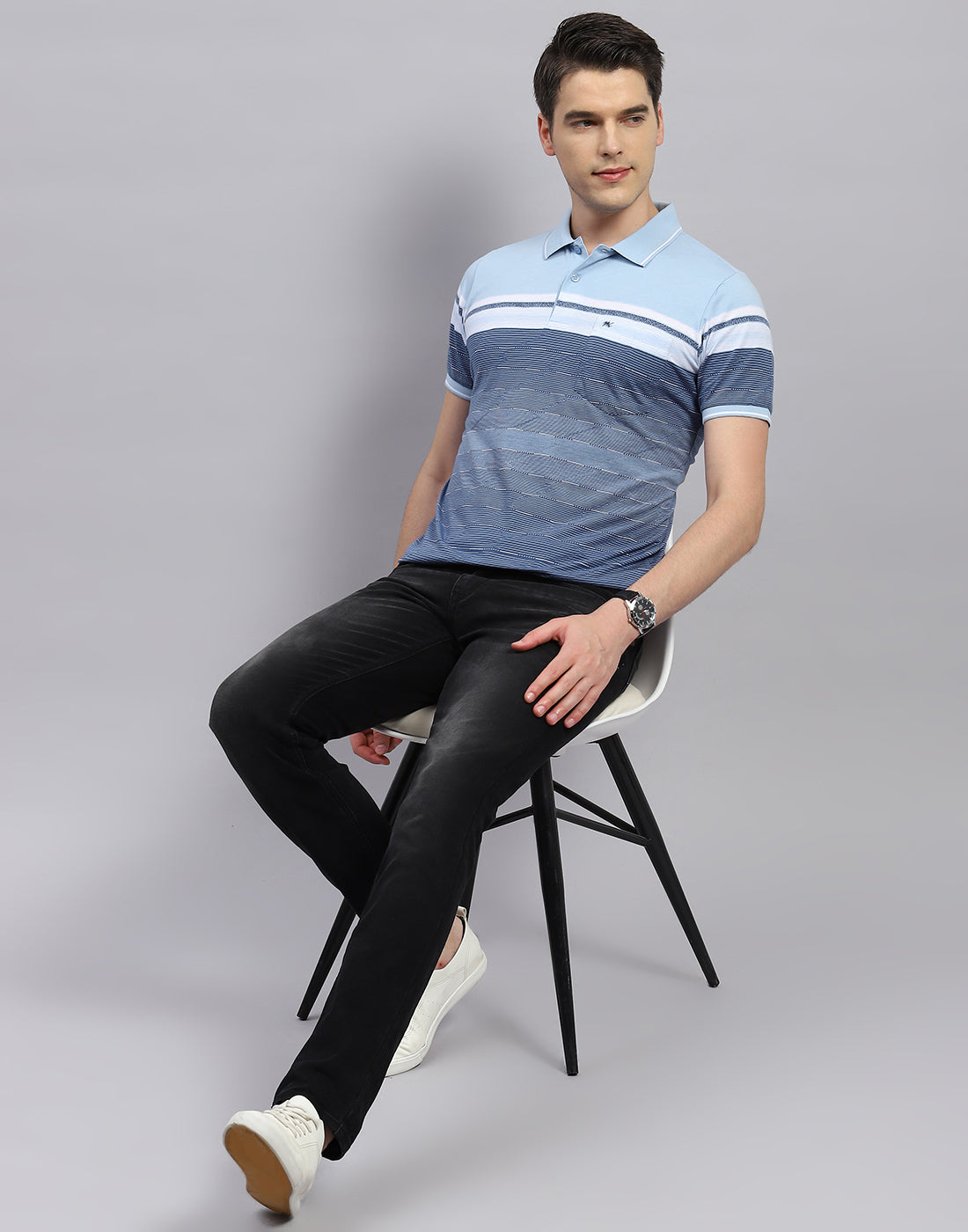 Men Sky Blue Stripe Polo Collar Half Sleeve T-Shirt
