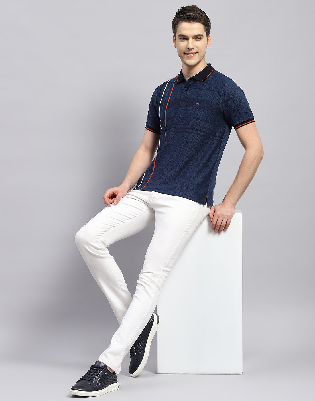 Men Navy Blue Stripe Polo Collar Half Sleeve T-Shirt