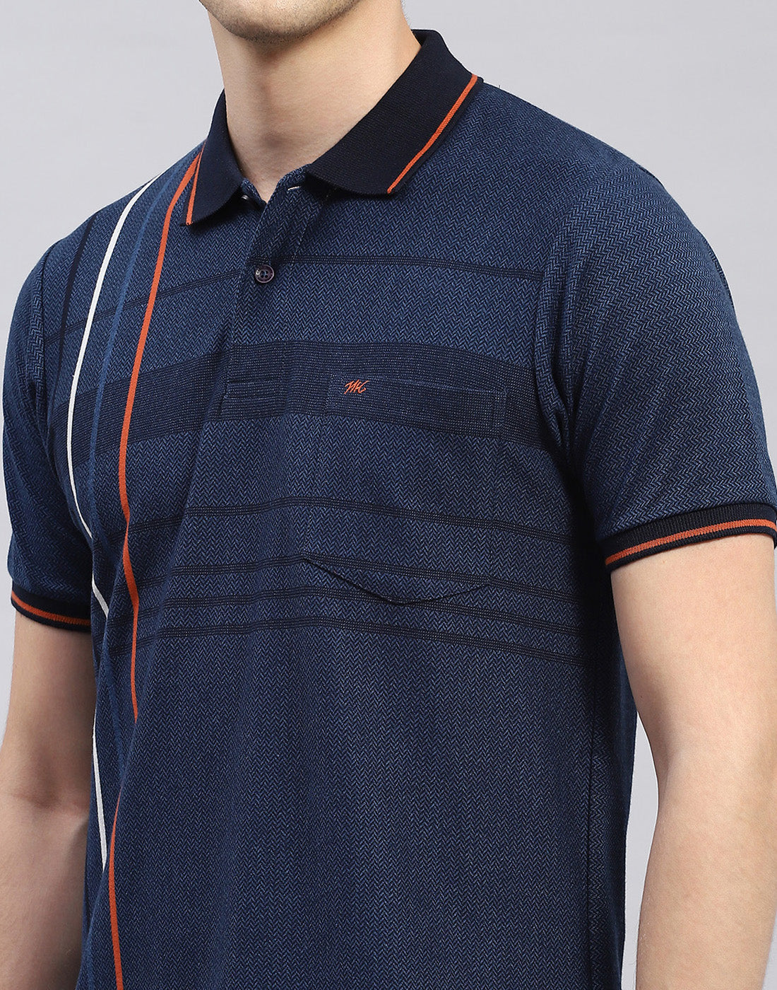 Men Navy Blue Stripe Polo Collar Half Sleeve T-Shirt