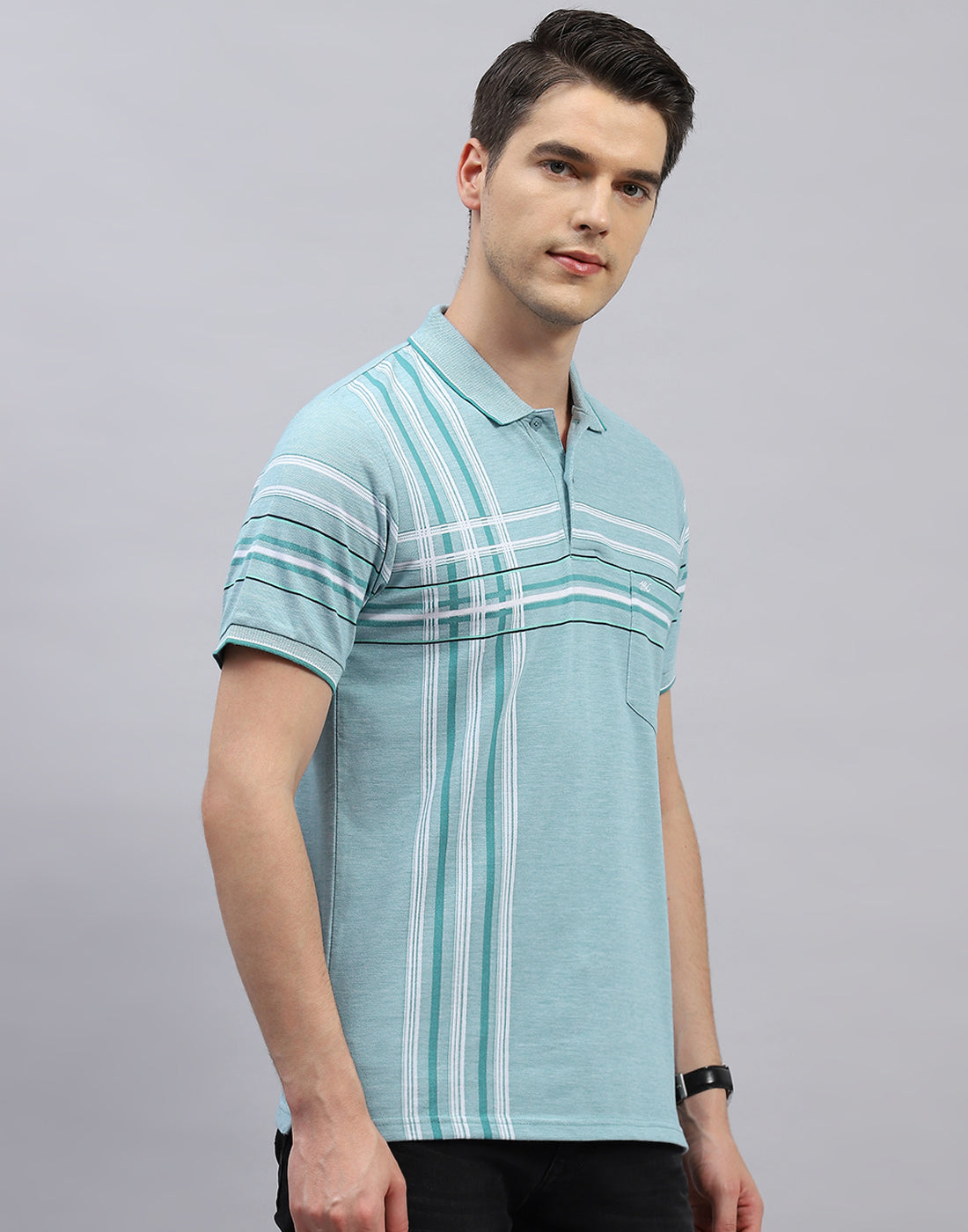 Men Blue Stripe Polo Collar Half Sleeve T-Shirt