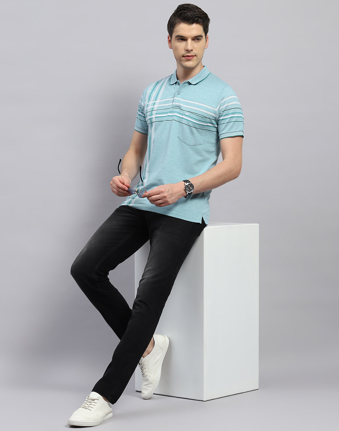 Men Blue Stripe Polo Collar Half Sleeve T-Shirt