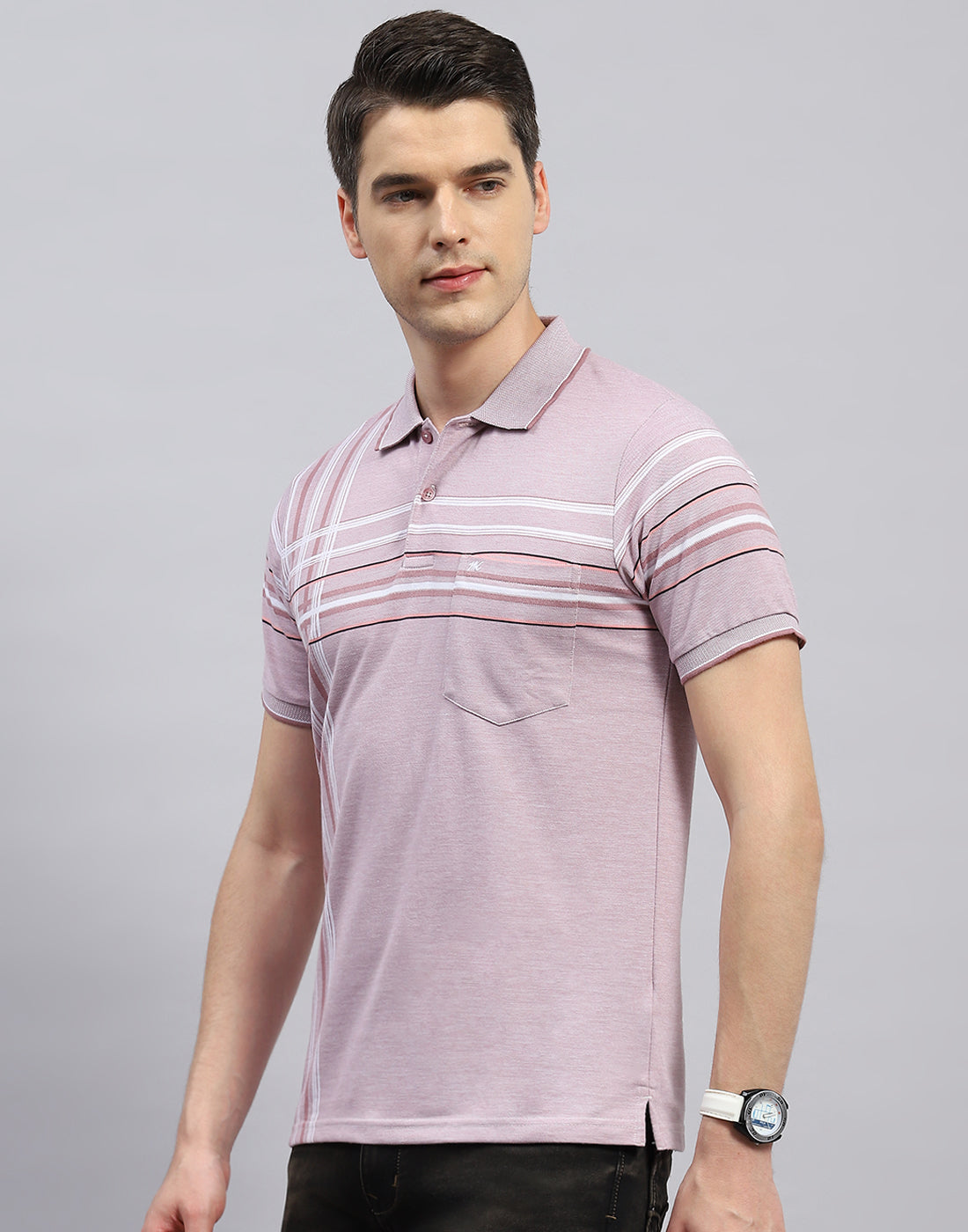 Men Peach Stripe Polo Collar Half Sleeve T-Shirt