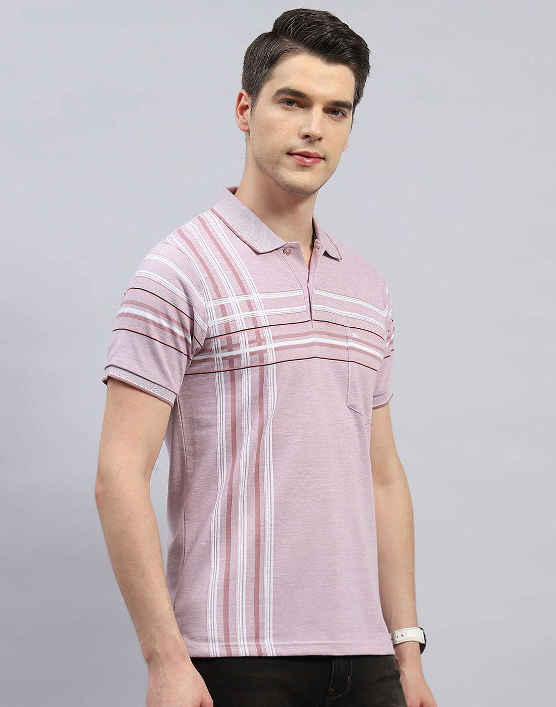 Men Peach Stripe Polo Collar Half Sleeve T-Shirt