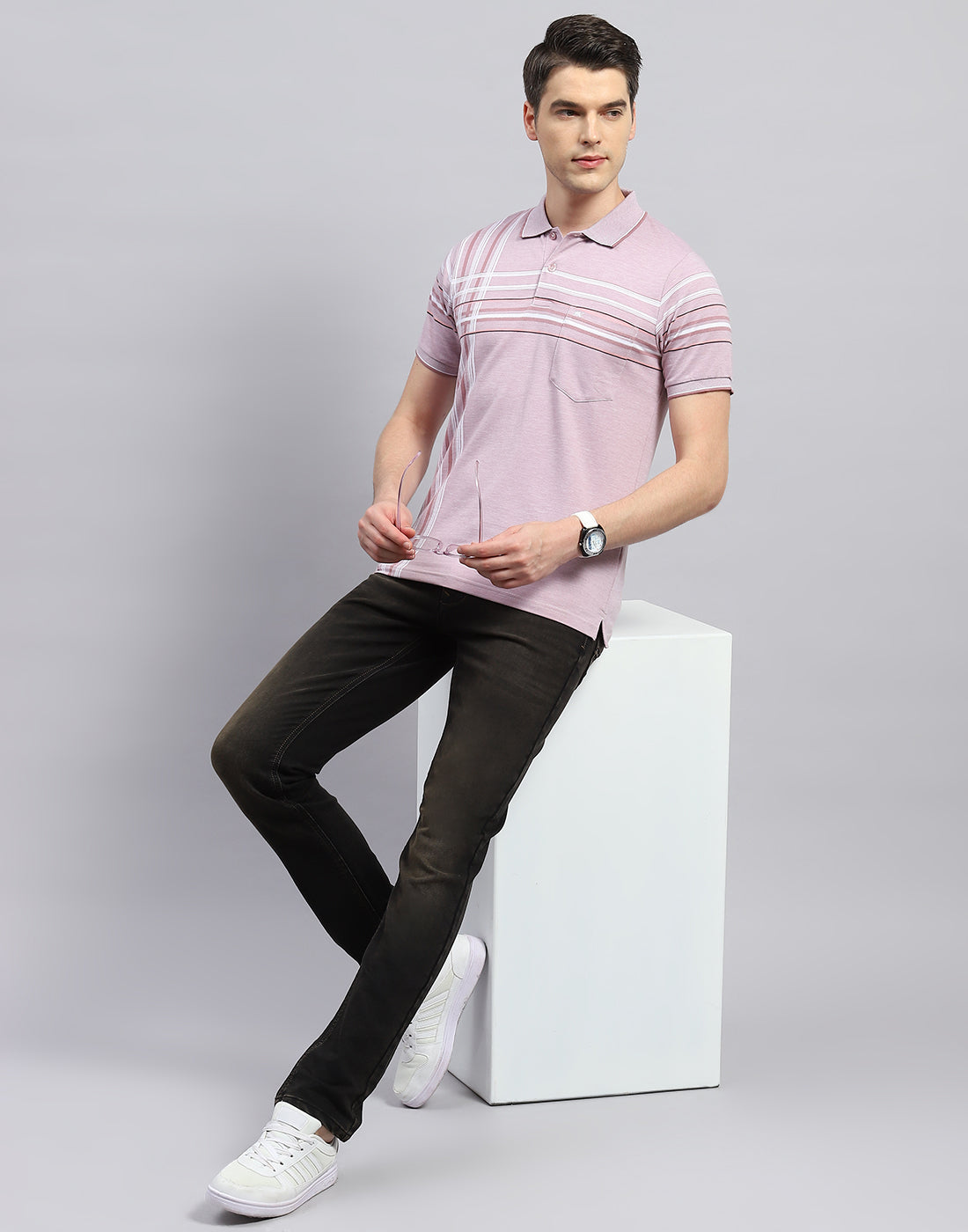 Men Peach Stripe Polo Collar Half Sleeve T-Shirt