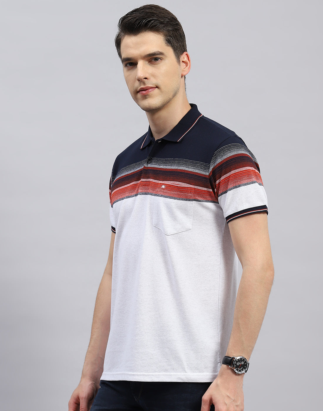 Men White Stripe Polo Collar Half Sleeve T-Shirt