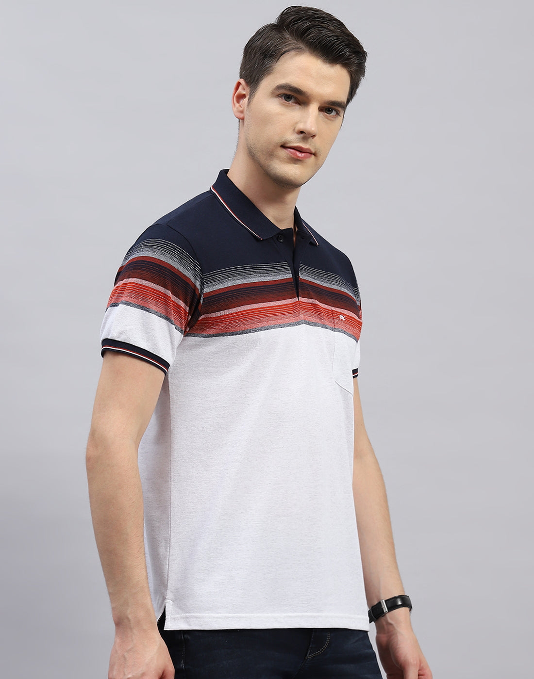 Men White Stripe Polo Collar Half Sleeve T-Shirt