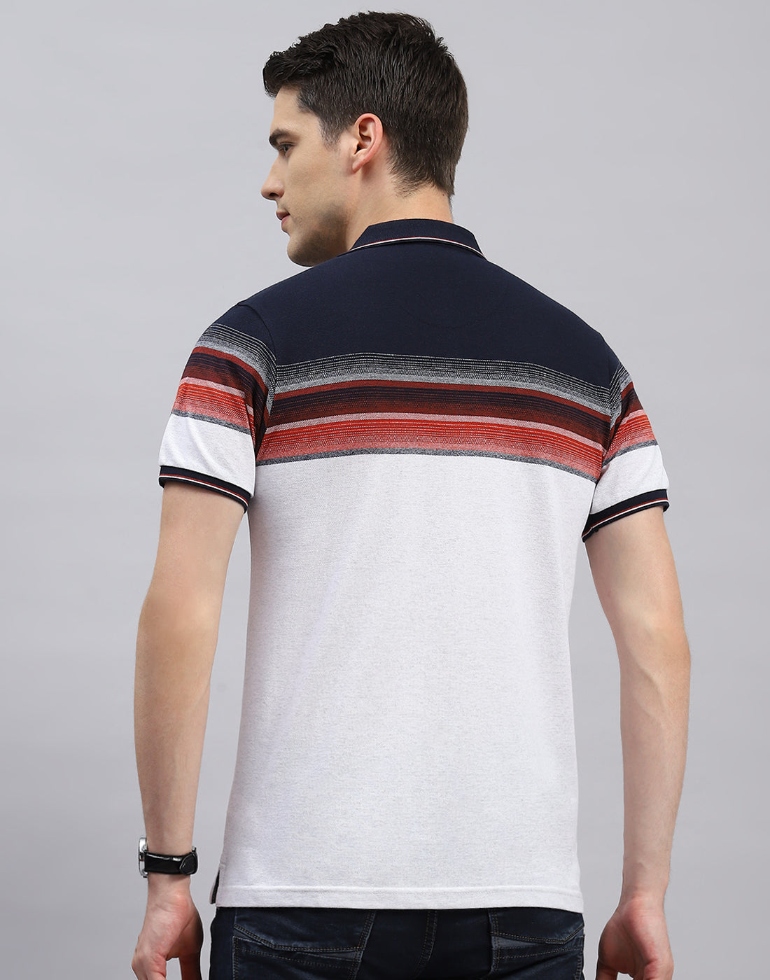 Men White Stripe Polo Collar Half Sleeve T-Shirt