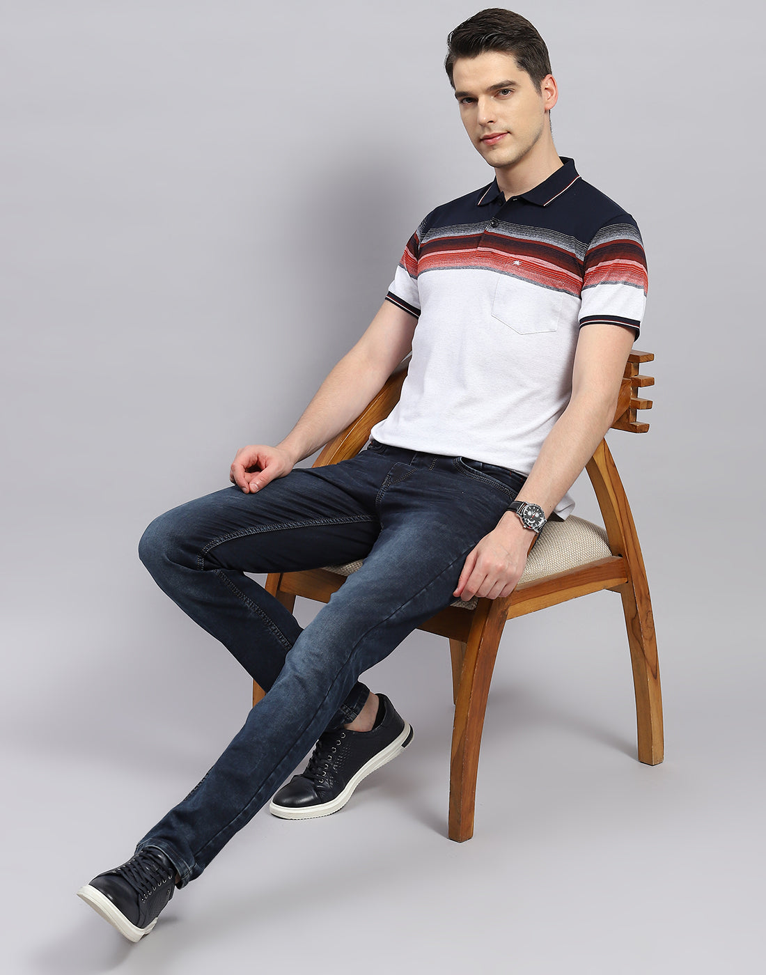 Men White Stripe Polo Collar Half Sleeve T-Shirt