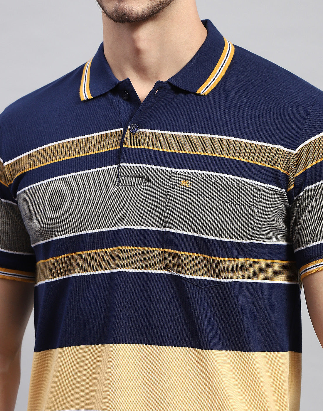 Men Navy Blue Stripe Polo Collar Half Sleeve T-Shirt