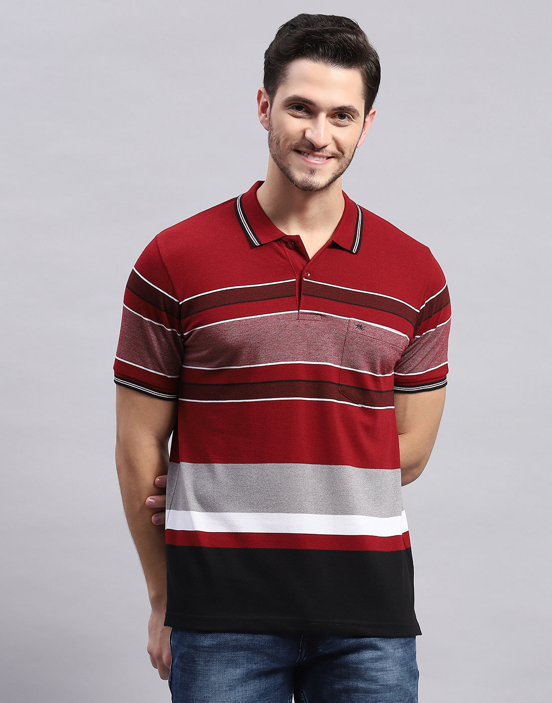 Men Maroon Stripe Polo Collar Half Sleeve T-Shirt