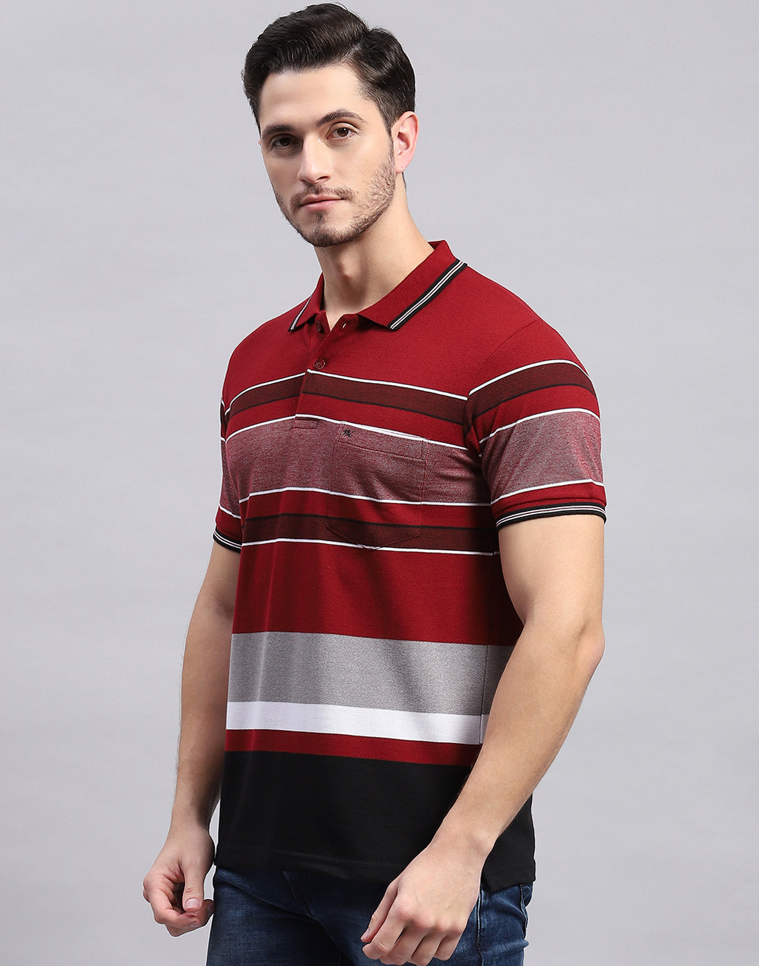 Men Maroon Stripe Polo Collar Half Sleeve T-Shirt