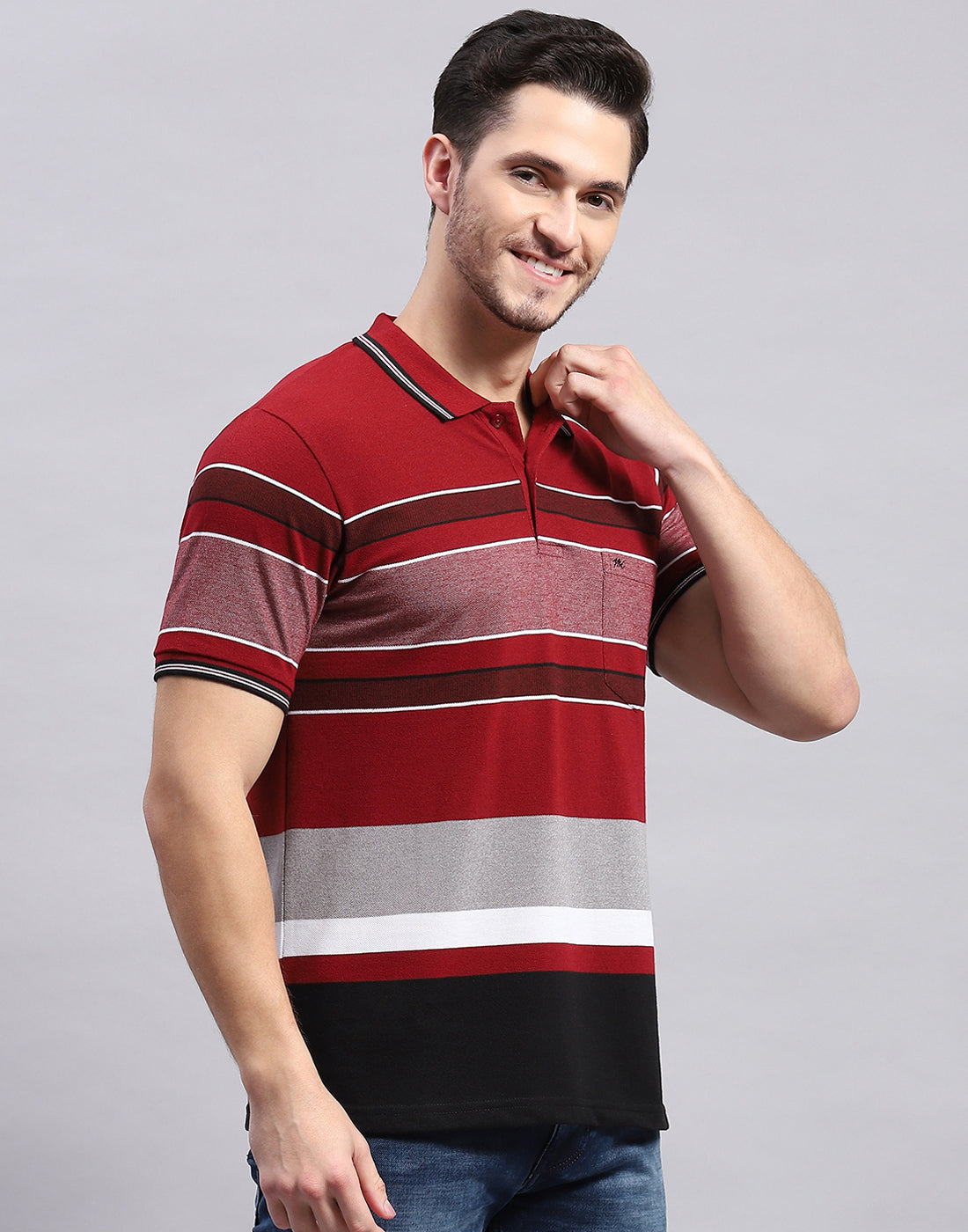 Men Maroon Stripe Polo Collar Half Sleeve T-Shirt