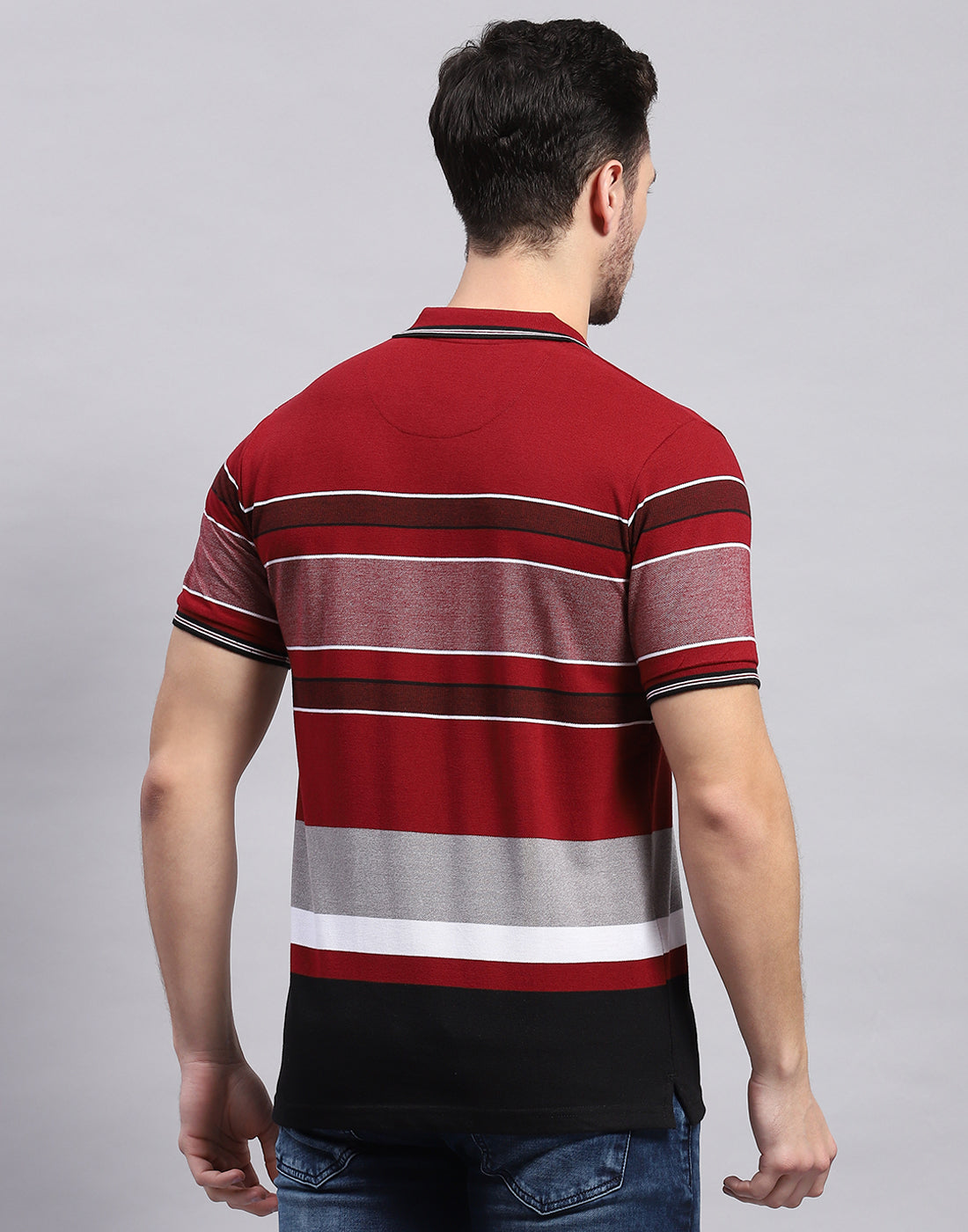 Men Maroon Stripe Polo Collar Half Sleeve T-Shirt
