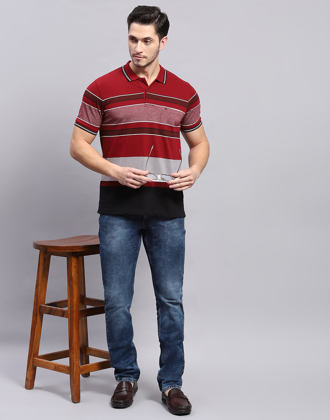 Men Maroon Stripe Polo Collar Half Sleeve T-Shirt