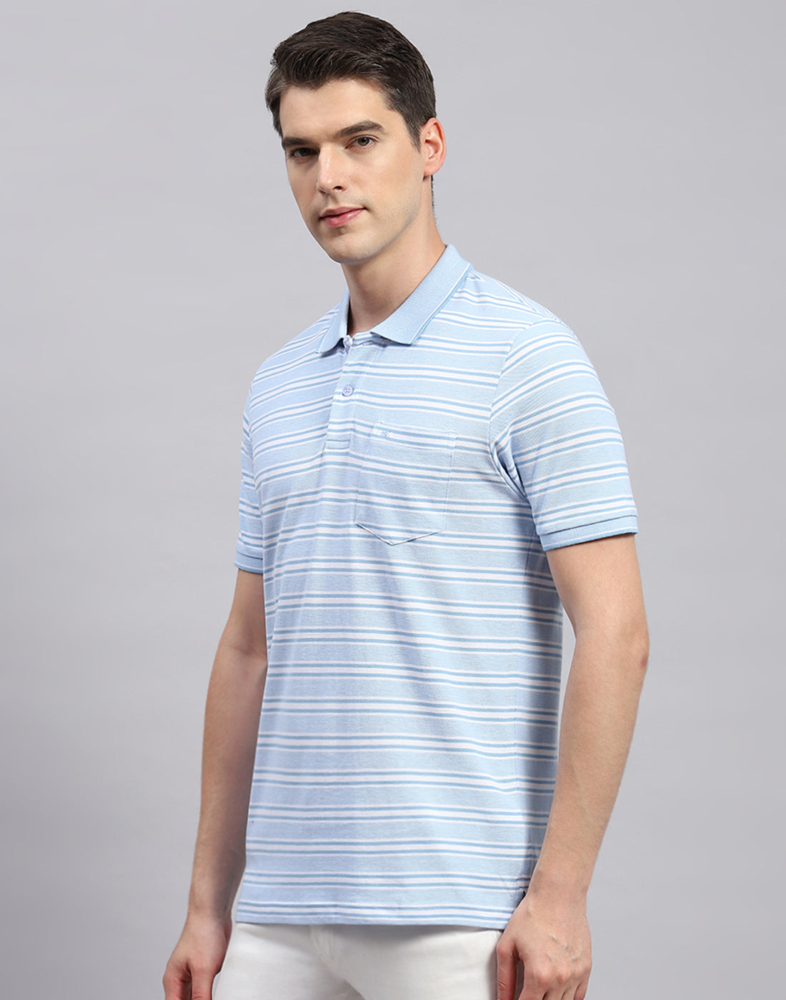 Men Sky Blue Stripe Collar Neck Half Sleeve T-Shirt