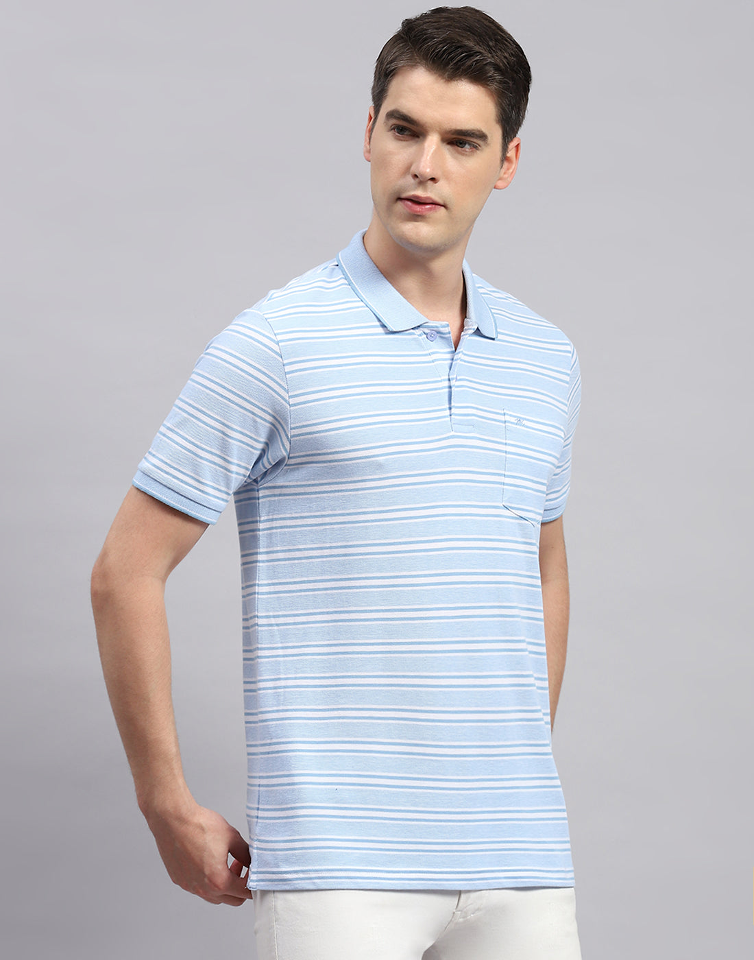 Men Sky Blue Stripe Collar Neck Half Sleeve T-Shirt