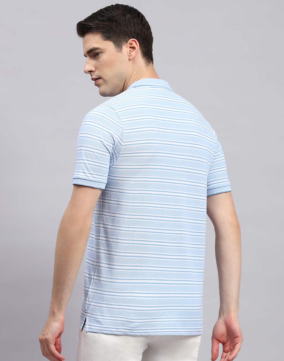 Men Sky Blue Stripe Collar Neck Half Sleeve T-Shirt