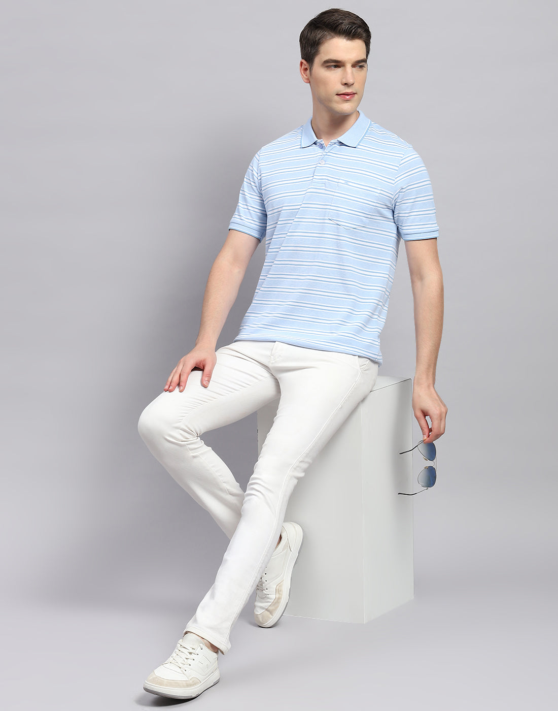 Men Sky Blue Stripe Collar Neck Half Sleeve T-Shirt