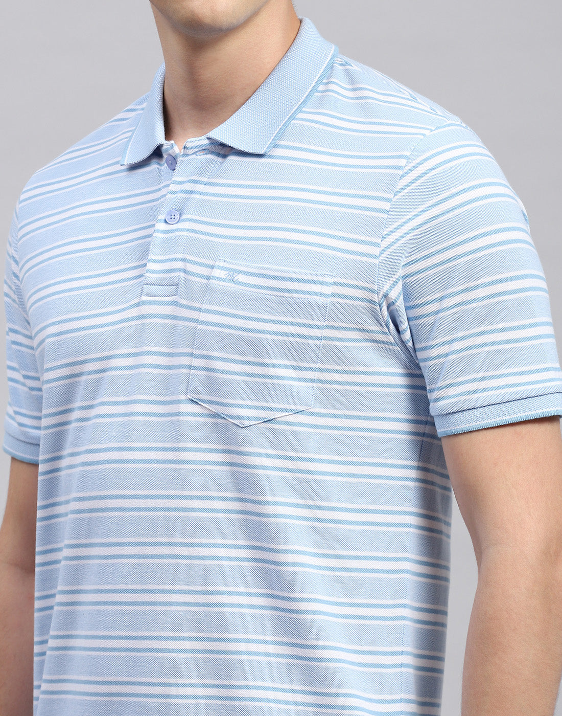 Men Sky Blue Stripe Collar Neck Half Sleeve T-Shirt