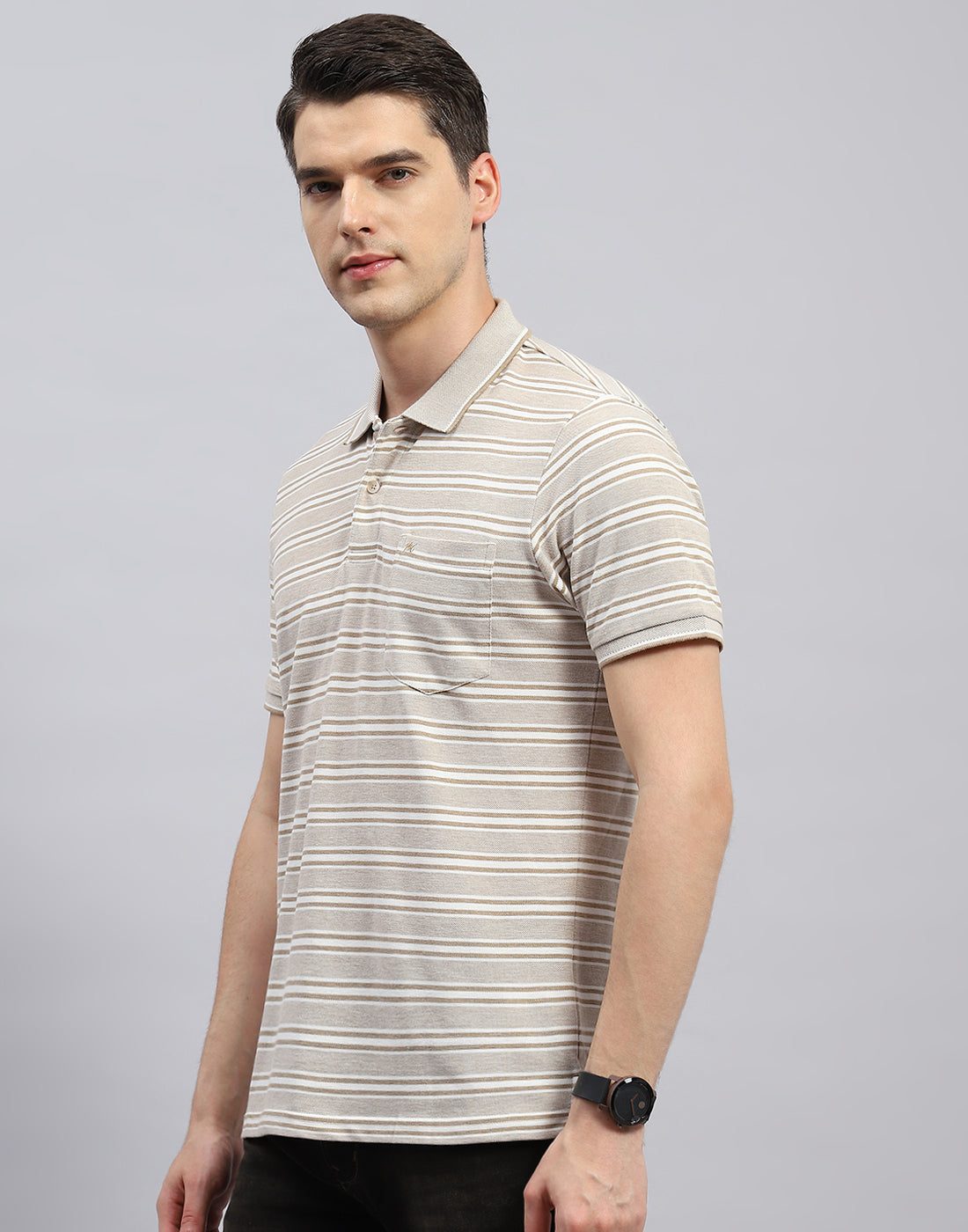 Men Beige Stripe Polo Collar Half Sleeve T-Shirt