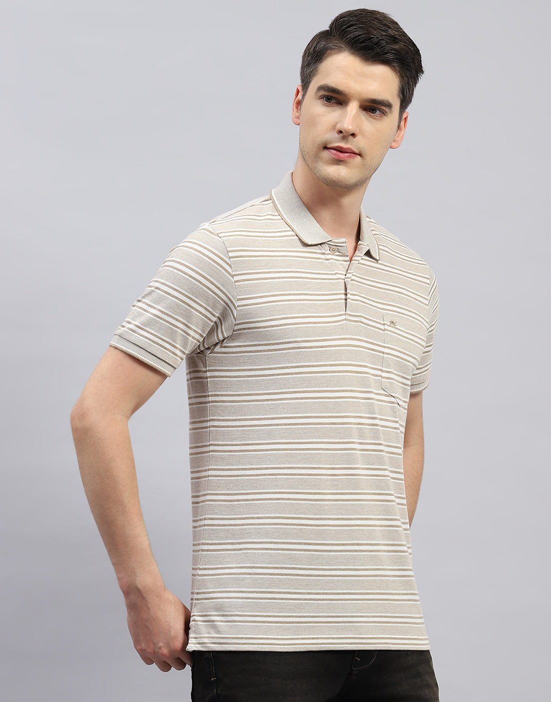 Men Beige Stripe Polo Collar Half Sleeve T-Shirt