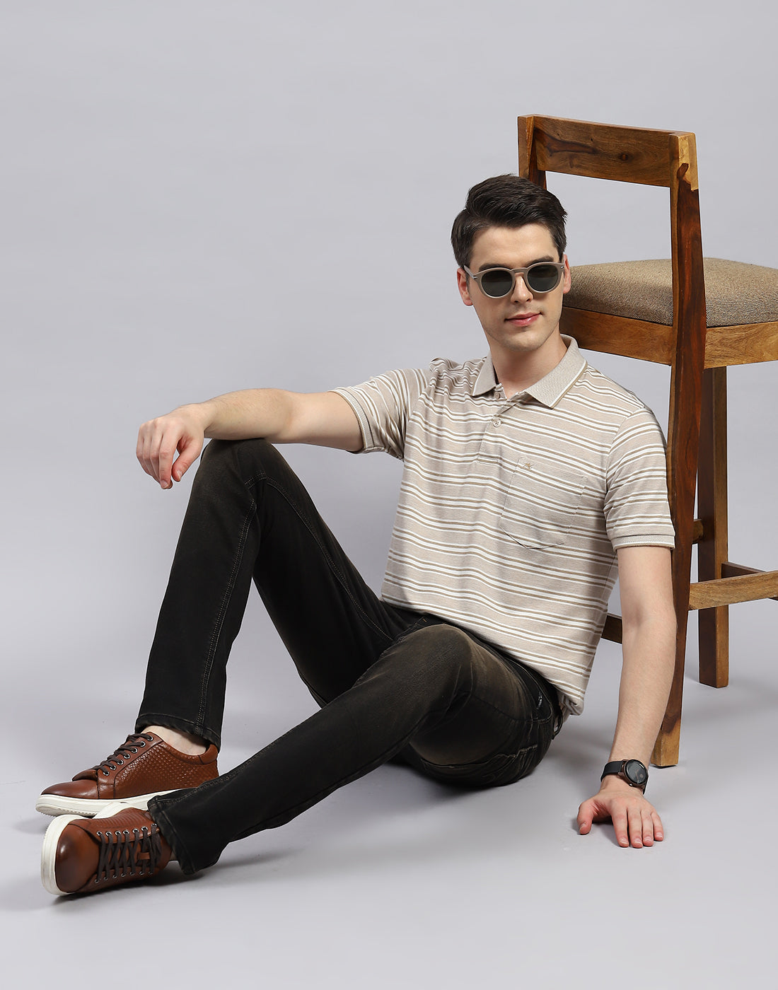 Men Beige Stripe Polo Collar Half Sleeve T-Shirt