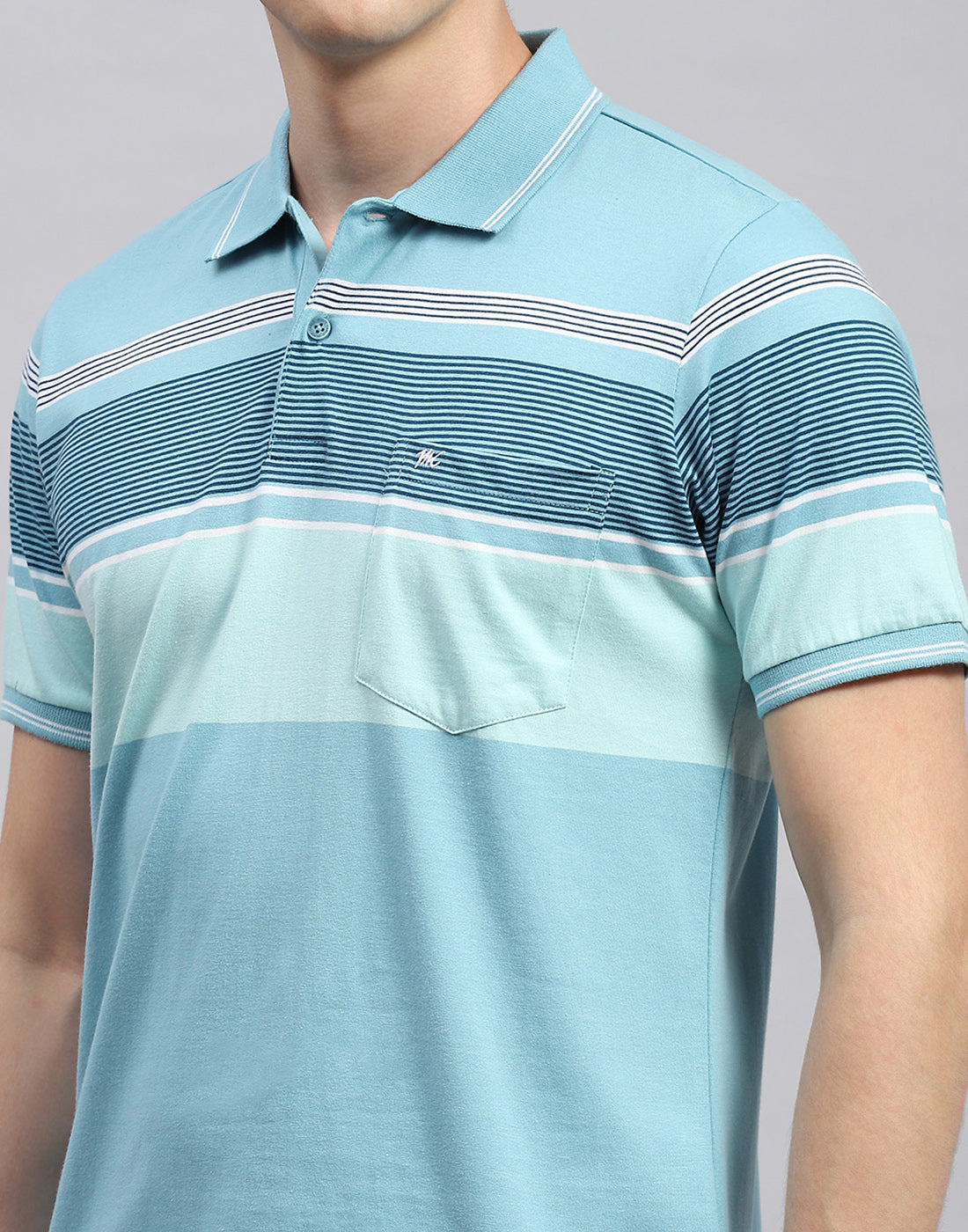 Men Sky Blue Stripe Polo Collar Half Sleeve T-Shirt