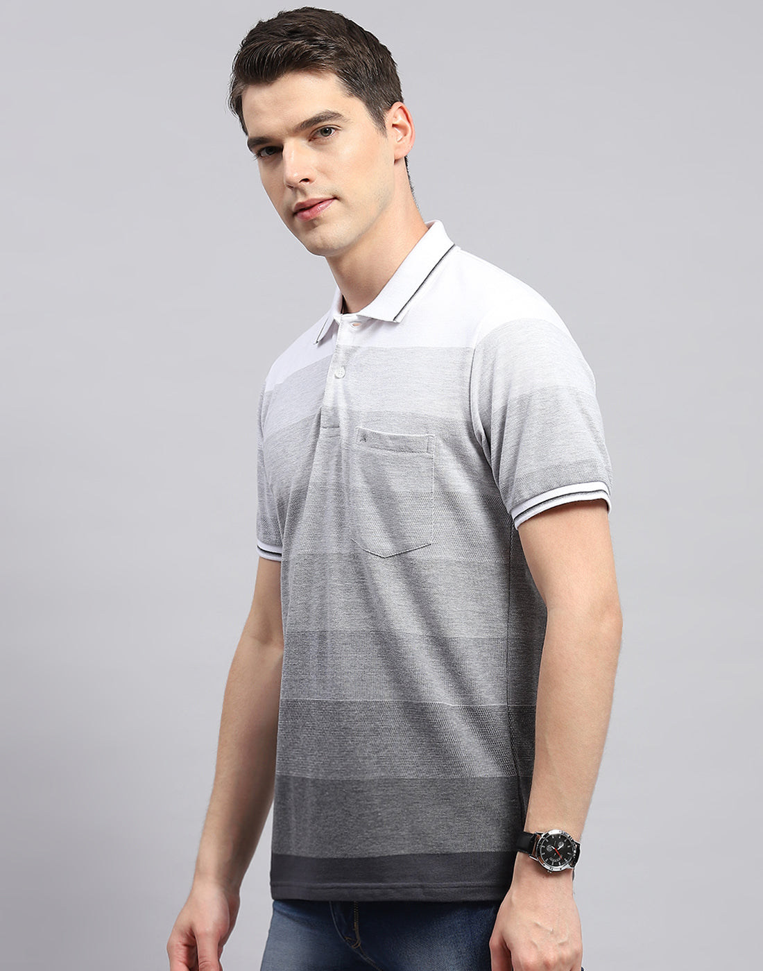 Men Grey Stripe Polo Collar Half Sleeve T-Shirt