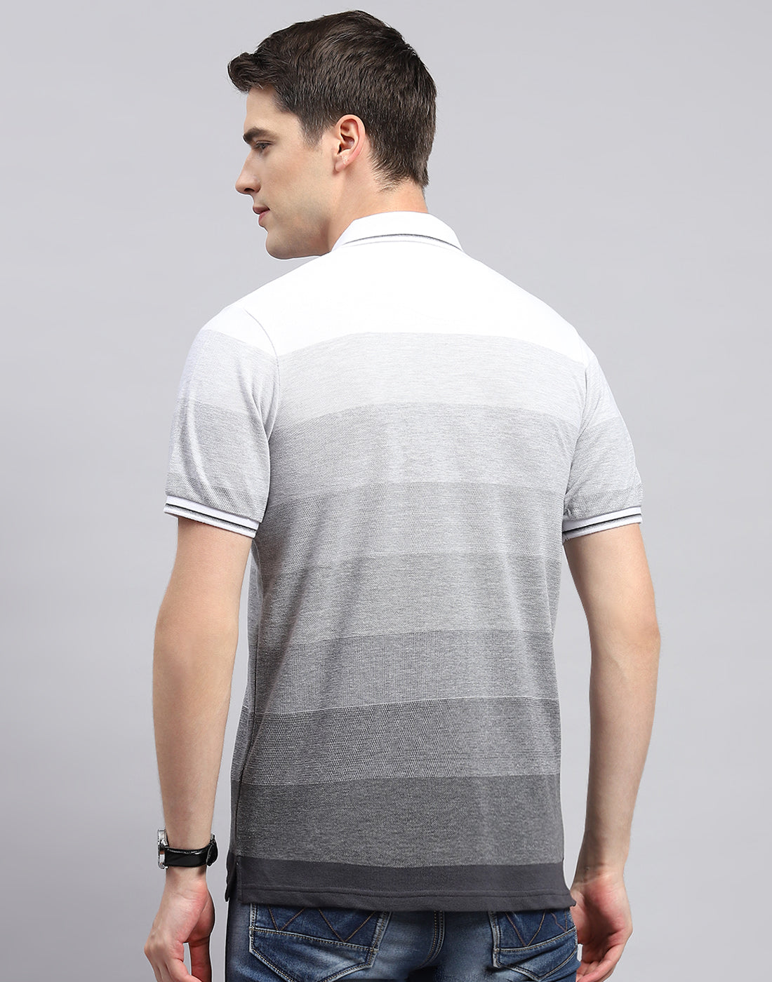 Men Grey Stripe Polo Collar Half Sleeve T-Shirt