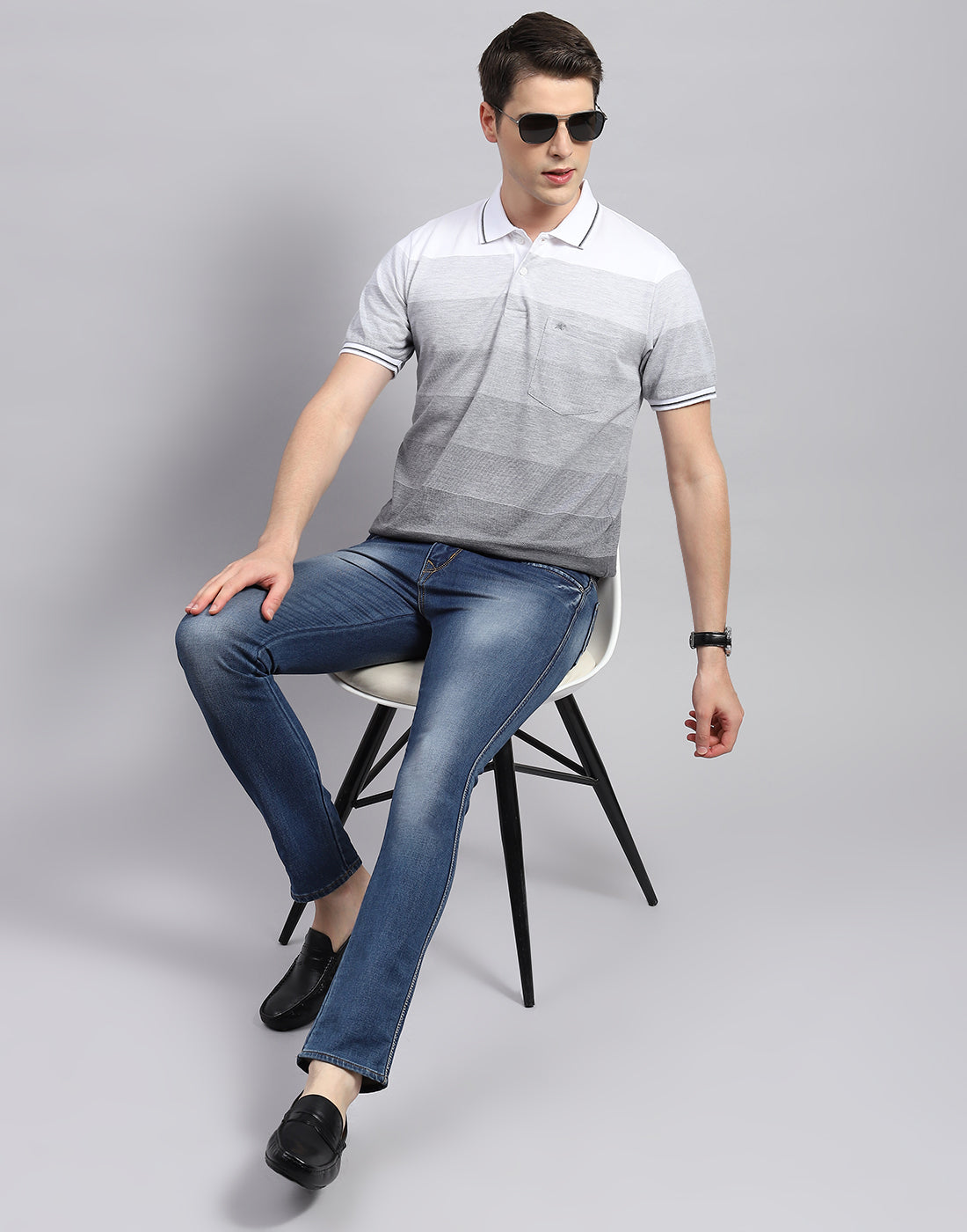 Men Grey Stripe Polo Collar Half Sleeve T-Shirt