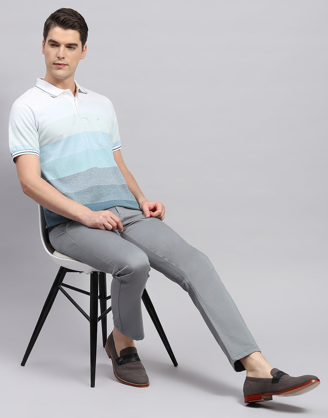 Men Sky Blue Stripe Polo Collar Half Sleeve T-Shirt