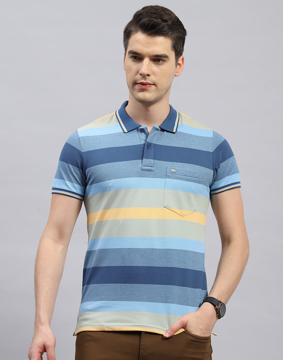 Men Light Blue Stripe Polo Collar Half Sleeve T-Shirt