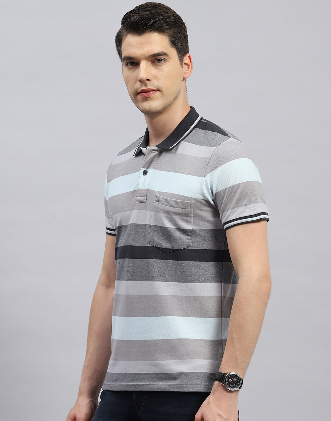 Men Grey Stripe Polo Collar Half Sleeve T-Shirt