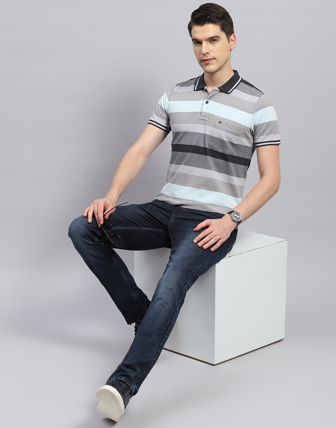 Men Grey Stripe Polo Collar Half Sleeve T-Shirt