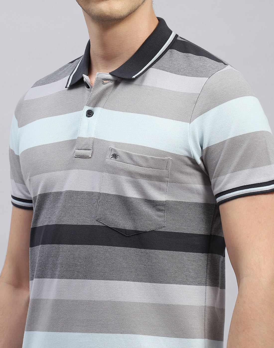 Men Grey Stripe Polo Collar Half Sleeve T-Shirt