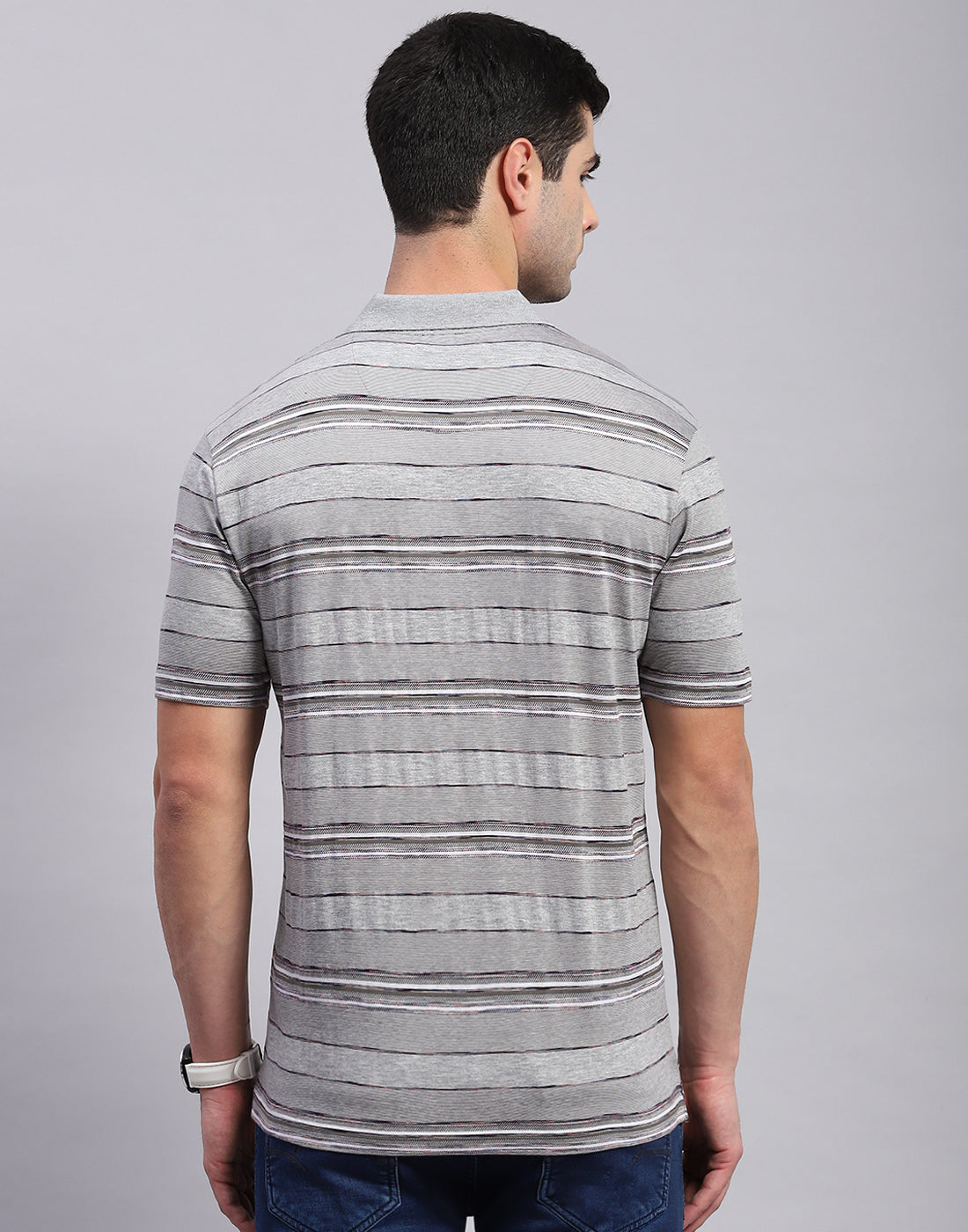 Men Grey Stripe Polo Collar Half Sleeve T-Shirt