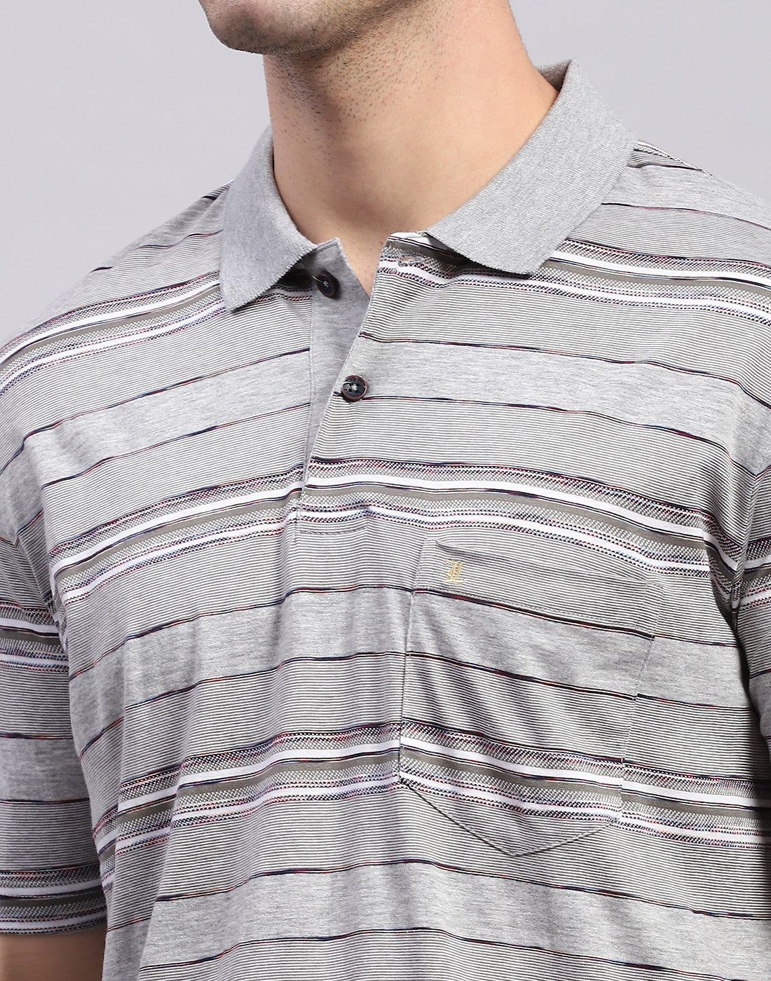 Men Grey Stripe Polo Collar Half Sleeve T-Shirt