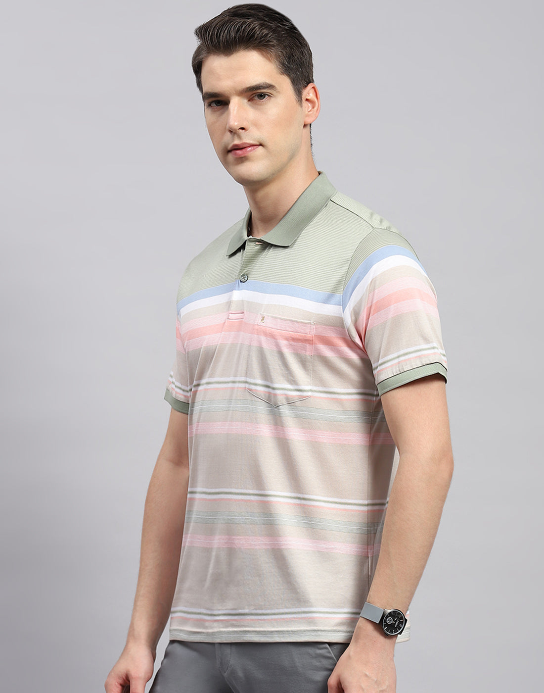 Men Multicolor Stripe Polo Collar Half Sleeve T-Shirt
