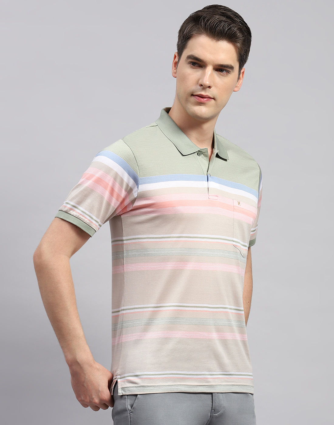 Men Multicolor Stripe Polo Collar Half Sleeve T-Shirt