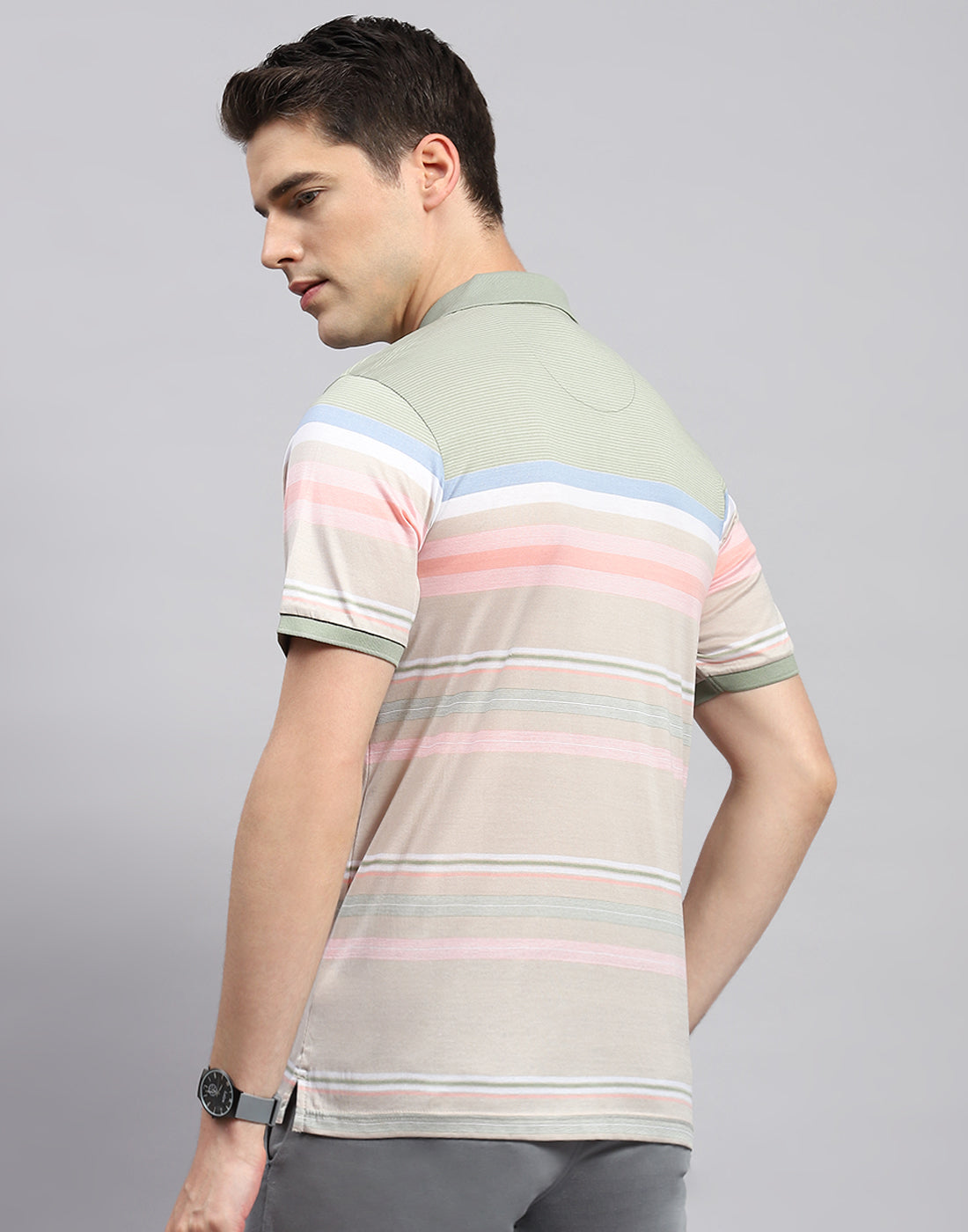 Men Multicolor Stripe Polo Collar Half Sleeve T-Shirt