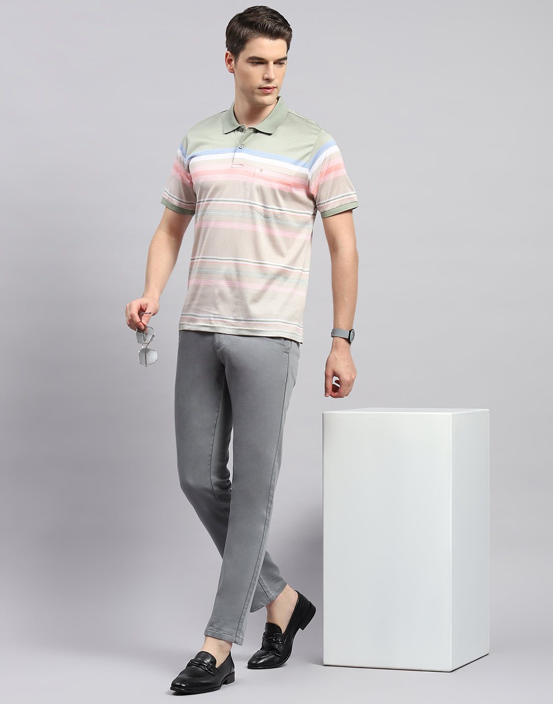 Men Multicolor Stripe Polo Collar Half Sleeve T-Shirt