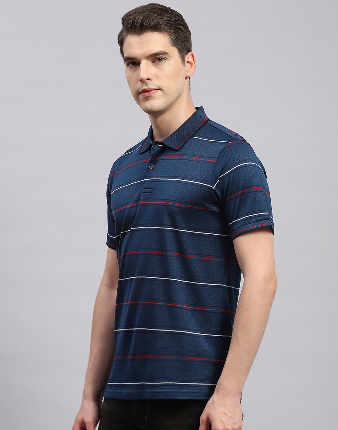Men Navy Blue Stripe Polo Collar Half Sleeve T-Shirt