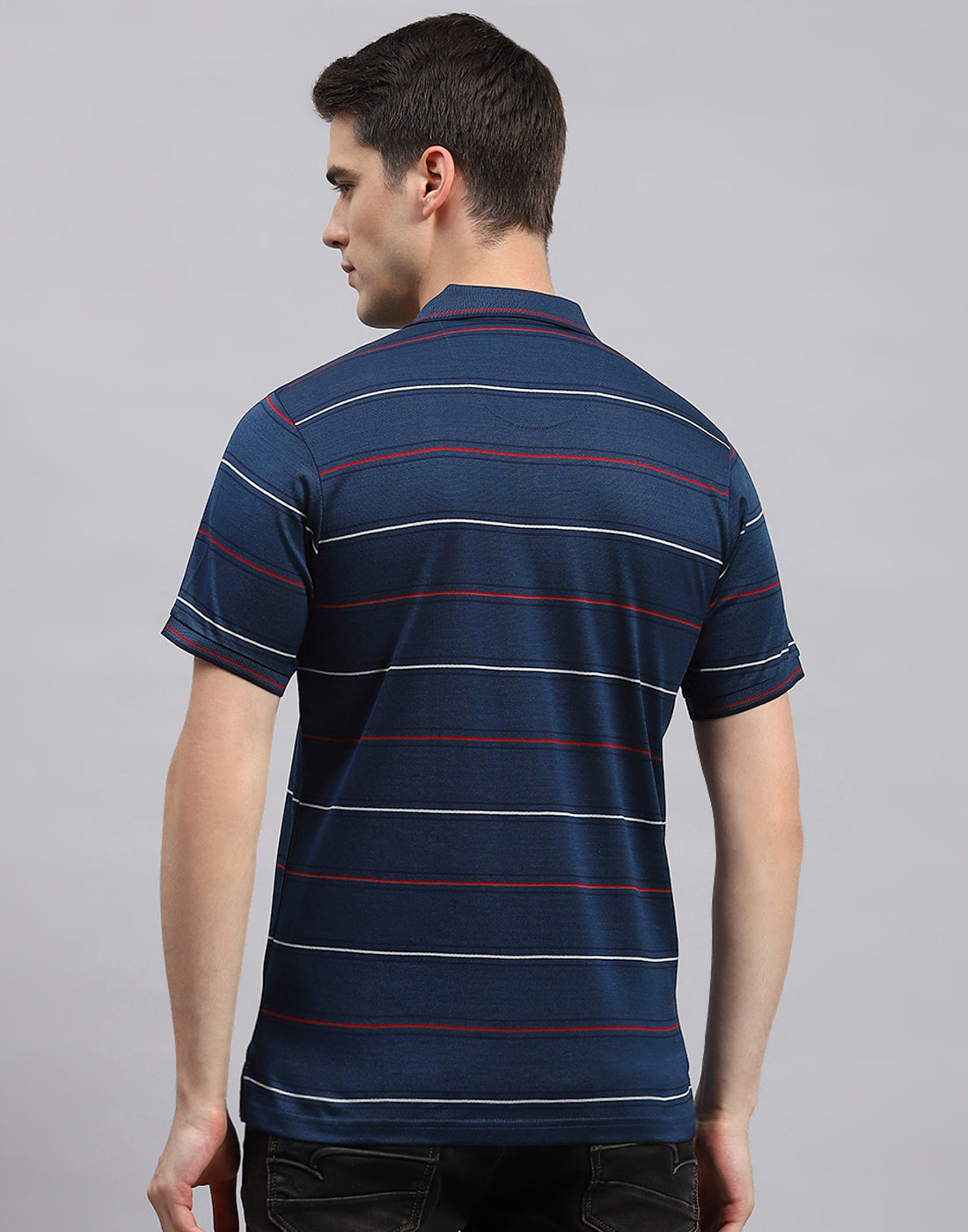 Men Navy Blue Stripe Polo Collar Half Sleeve T-Shirt