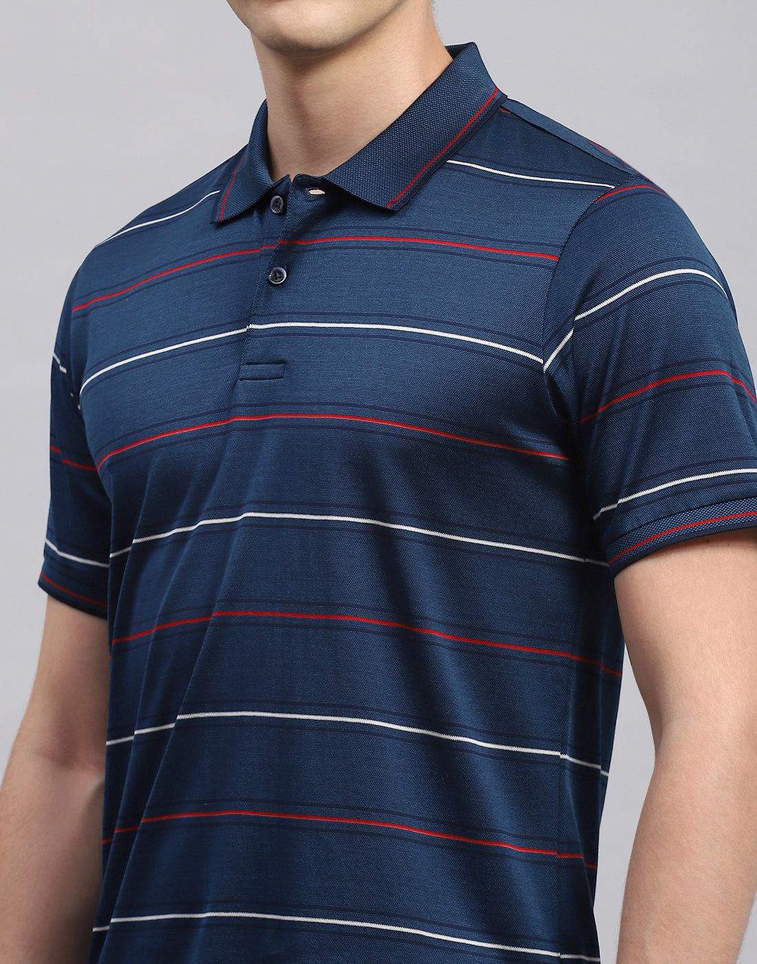Men Navy Blue Stripe Polo Collar Half Sleeve T-Shirt