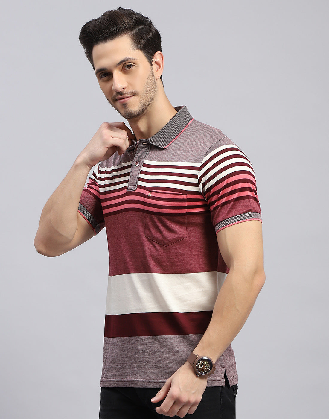 Men Maroon Stripe Polo Collar Half Sleeve T-Shirt