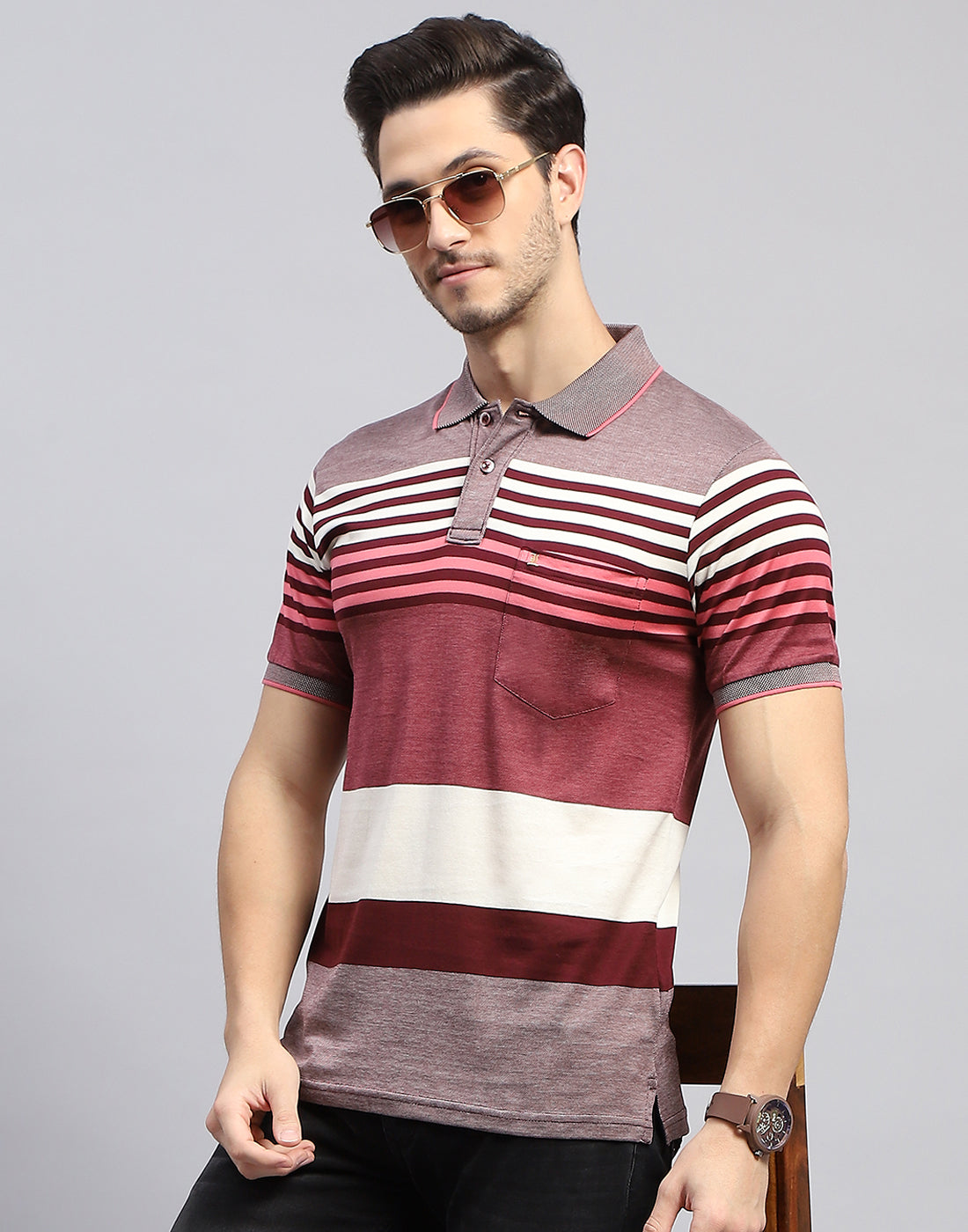 Men Maroon Stripe Polo Collar Half Sleeve T-Shirt