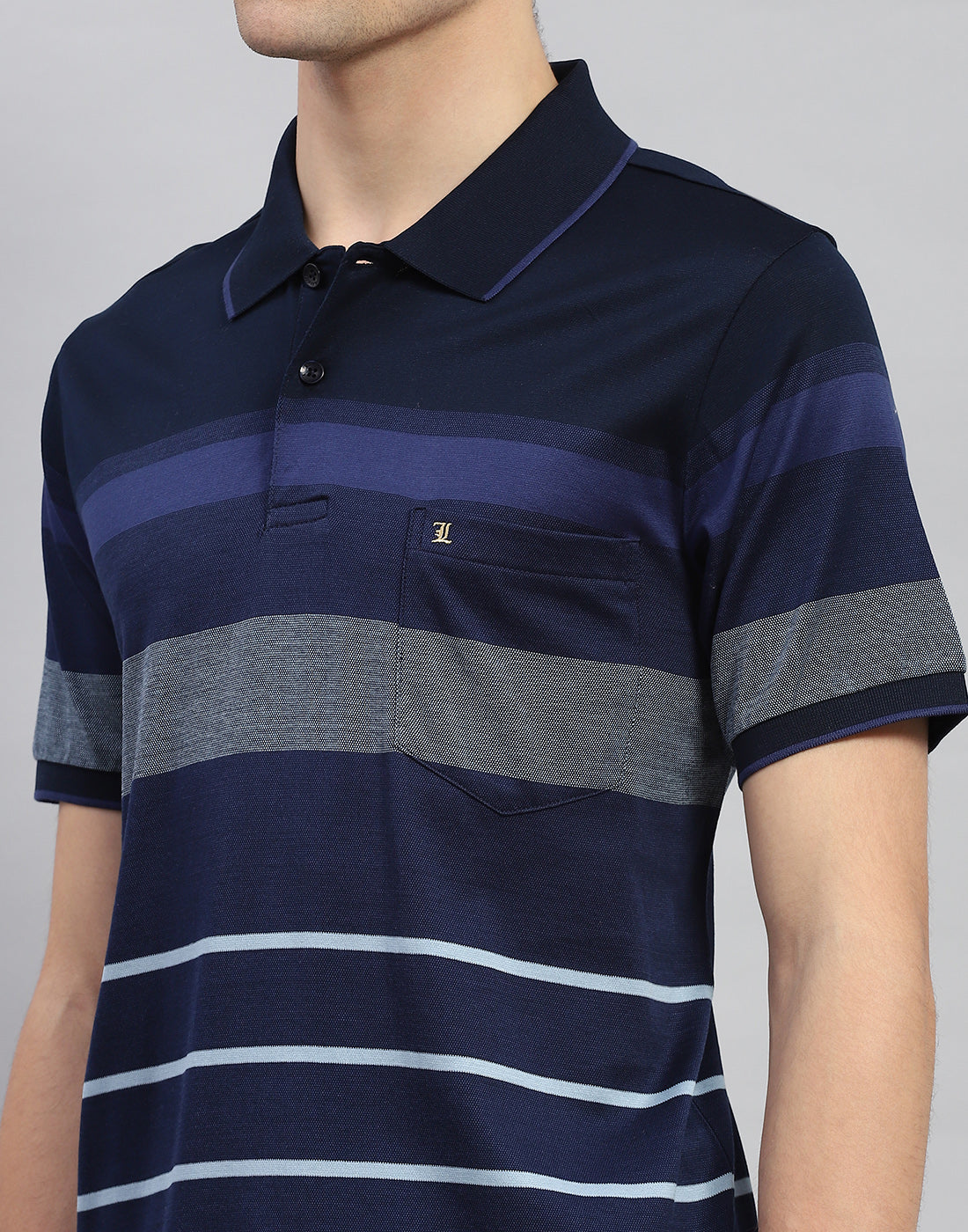 Men Navy Blue Stripe Polo Collar Half Sleeve T-Shirt