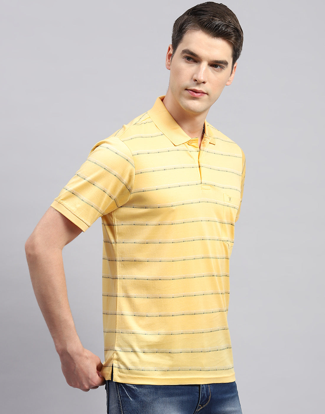 Men Yellow Stripe Polo Collar Half Sleeve T-Shirt